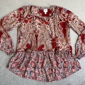 Knox Rose Top Medium Long Sleeve Flare Paisley V-Neck Peasant Beach Boho Western